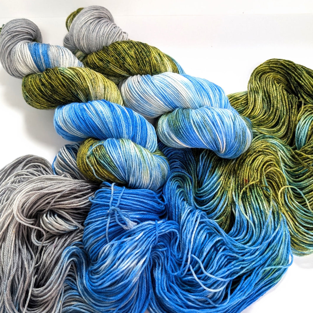 Strontium on superwash merino/nylon sock yarn.