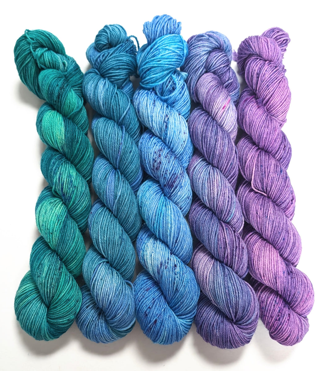 Greens-blues-purples gradient set, choose from sock or DK sets 5 x 50g.