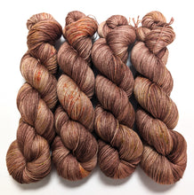 Load image into Gallery viewer, Speckled brown, on baby camel/silk 4ply/fingering weight yarn.
