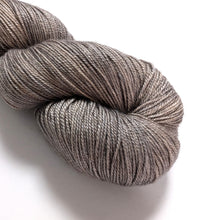 Load image into Gallery viewer, Greige, on baby camel/silk 4ply/fingering weight yarn.
