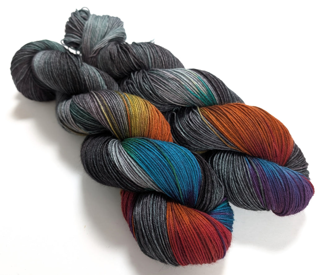 Dark Winter Rainbow on superwash BFL/nylon sock yarn.