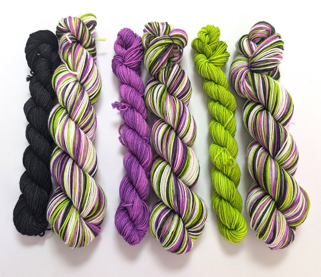 Beetlejuice sock set, on superwash merino/nylon sock yarn.