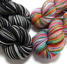 Load image into Gallery viewer, Jack &amp; Sally on superwash merino/nylon &#39;zebra&#39; sock.
