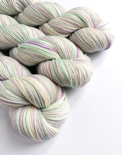 Snow on Snow is a variegated colourway, with pale blue, lilac, silver and white (natural)