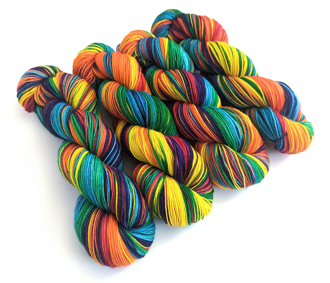 Rainbow on superwash BFL/Nylon sock yarn.